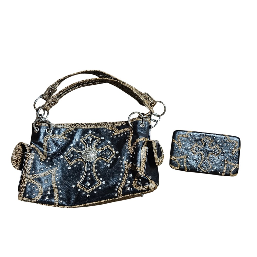 BHW Western Cross Studded Handbag‎ Wallet Set Tooled Floral Leather Country Chic